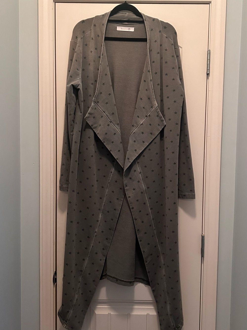 Billy T Army Green Star Print Draped Asymmetrical Long Cardigan
